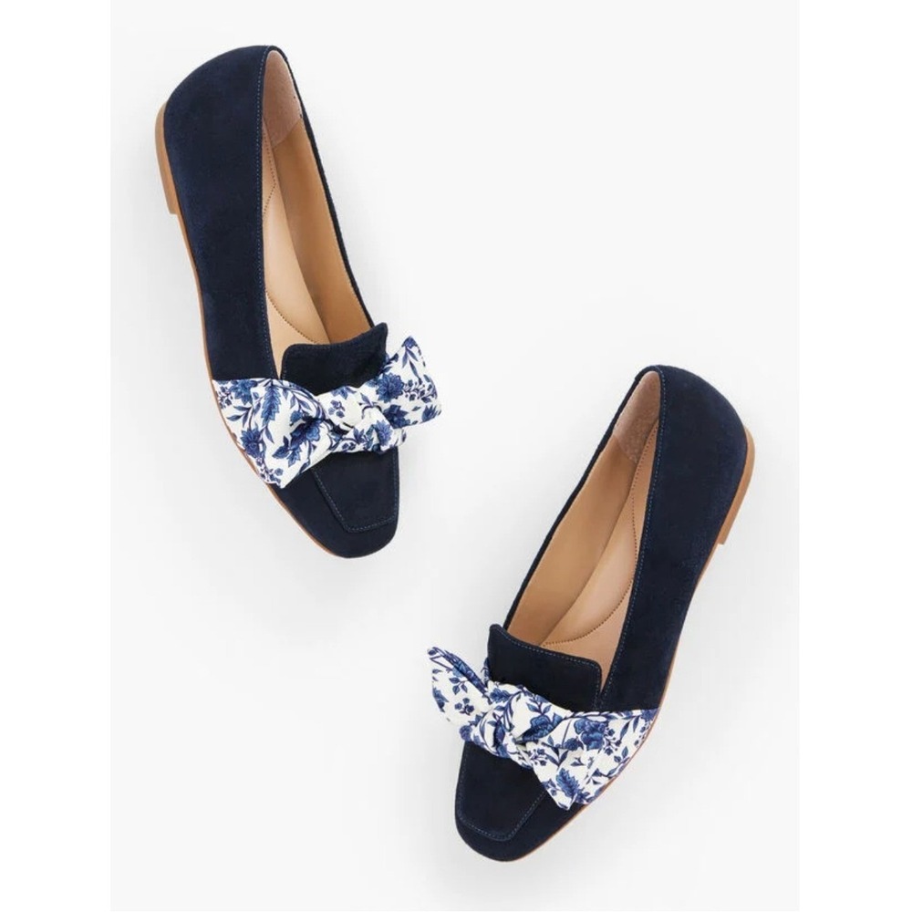 NWT Talbots Women's Stella Floral‎ Navy Blue Printed Bow Suede Flats Size 9.5